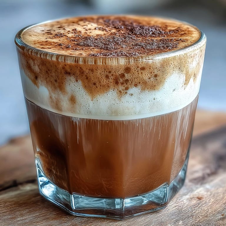 Steamed whole milk blends into the rich, amber-brown Hojicha Cortado, creating a creamy swirl of aroma and warmth in a minimalist setting.  