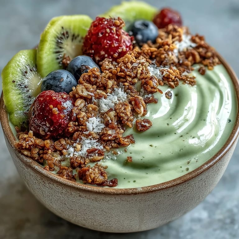 Cold hojicha smoothie bowl with berries and crunchy granola, ready to enjoy with a spoon.