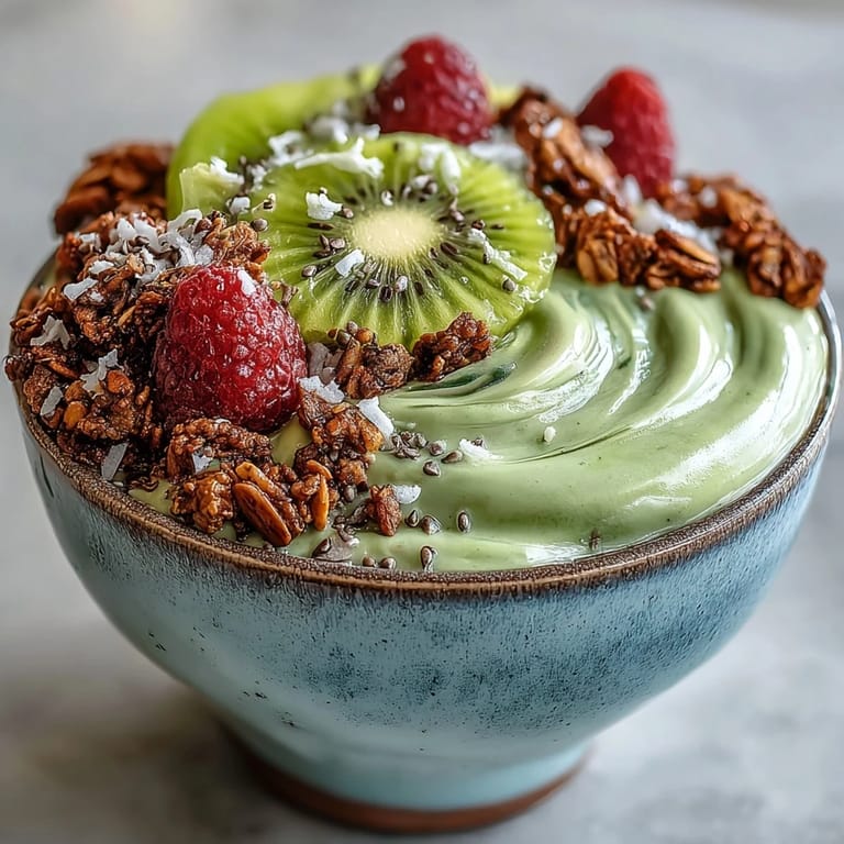 Vibrant Hojicha Smoothie Bowl garnished with fresh fruit and coconut flakes, nourishing breakfast option.