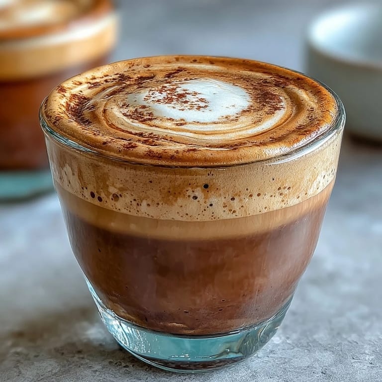 A freshly brewed Hojicha Macchiato, showcasing roasted green tea with a creamy milk foam cloud in a minimalist kitchen setting.