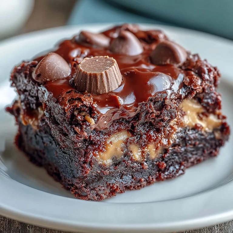 A serving of Rich Peanut Butter Cup Dump Cake topped with vanilla ice cream and chopped peanuts, ready to eat.