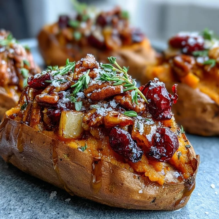 Close-up of Cranberry Apple Twice Baked Sweet Potatoes, revealing a vibrant filling of caramelized apples, tart cranberries, and toasted pecans.