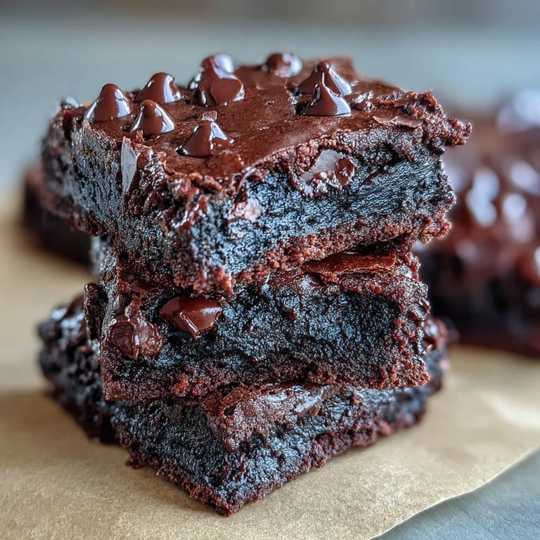 Decadent Greek Yogurt Brownies topped with dark chocolate chips and chopped walnuts on a rustic wooden cutting board.