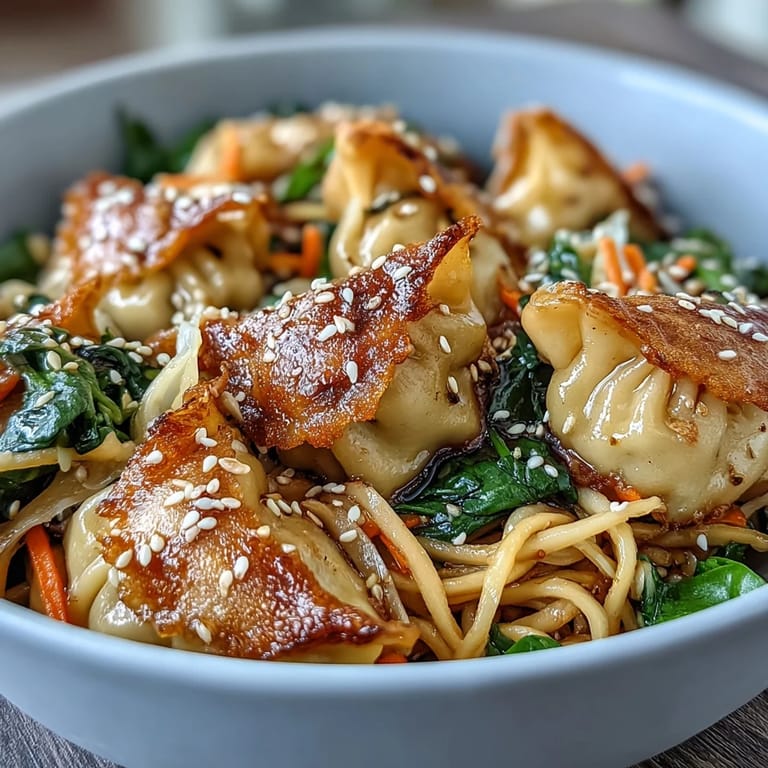 Savory Potsticker Noodle Bowls showcase steamed dumplings over noodles, blanketed in a glossy, umami-rich sauce.