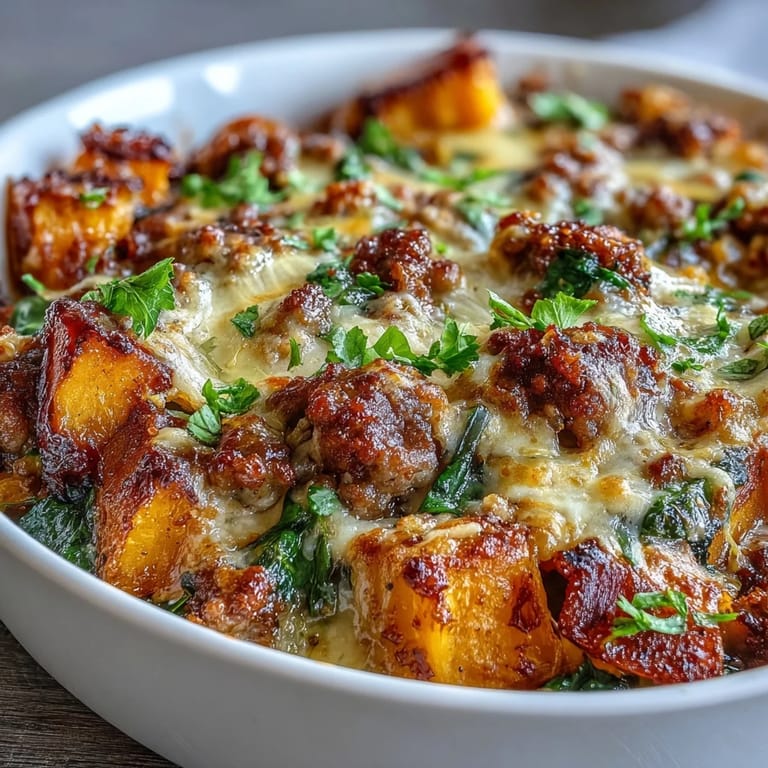 A hearty slice of Cozy Butternut Squash & Sausage Casserole on a white plate, showing quinoa and savory sausage.