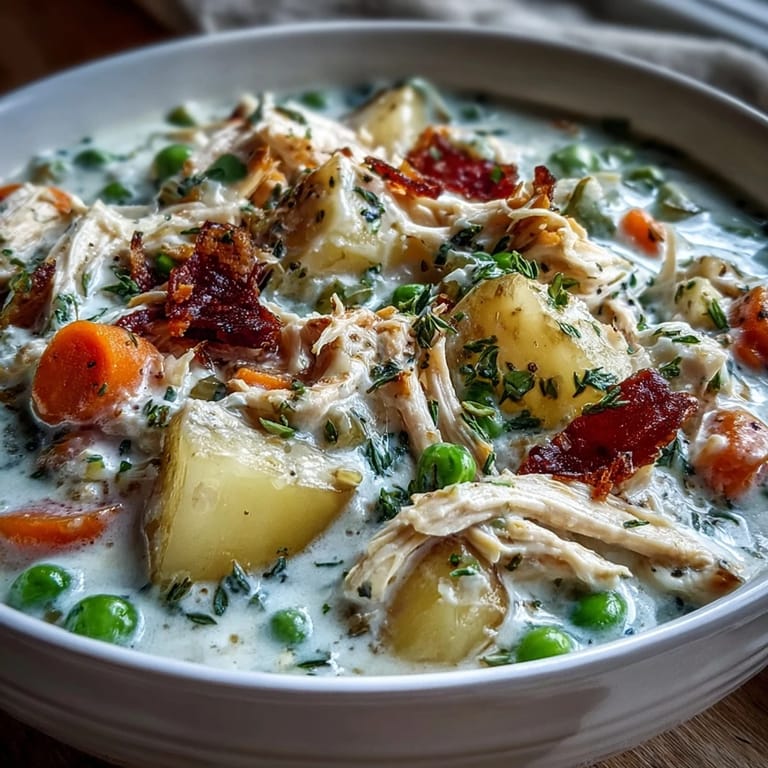 Spoon dipping into a rich, creamy bowl of chicken pot pie soup, served with crusty bread.