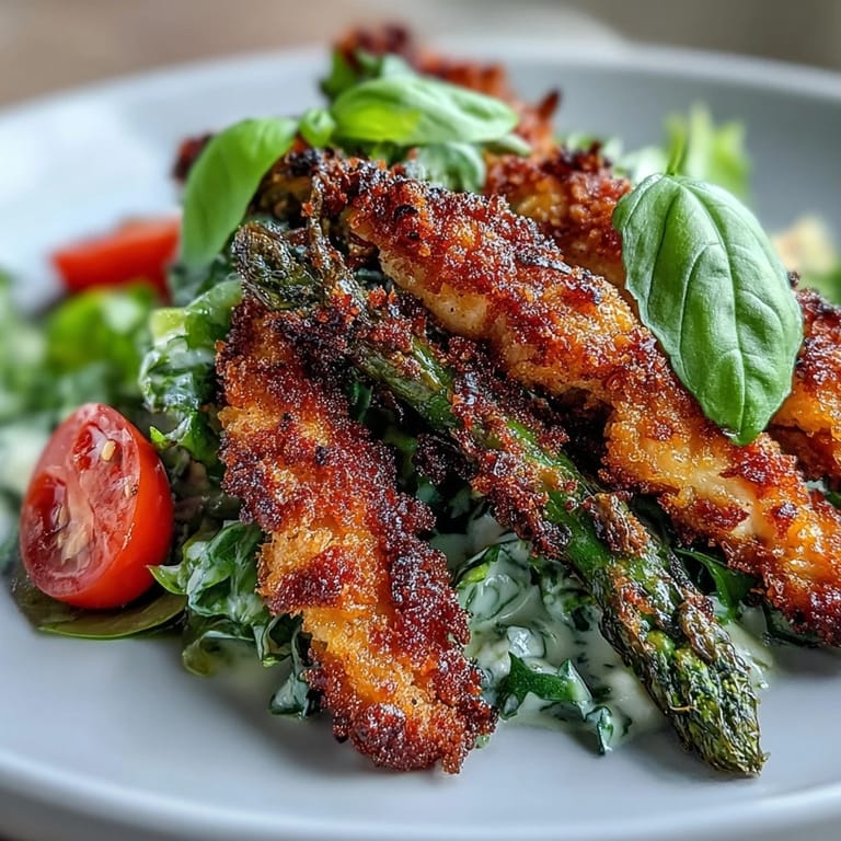 A plated serving of Crispy Parmesan Asparagus Chicken Salad drizzled with zesty lemon dressing and fresh torn basil.