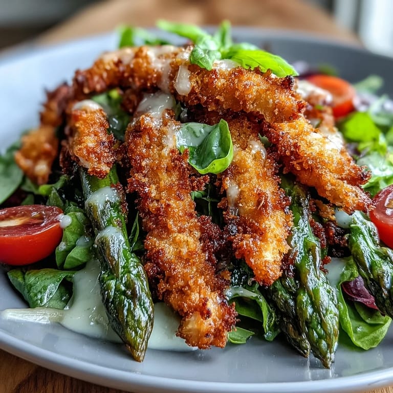 Golden, crunchy Parmesan-crusted asparagus spears garnish a vibrant bowl of Crispy Parmesan Asparagus Chicken Salad for a satisfying main dish.