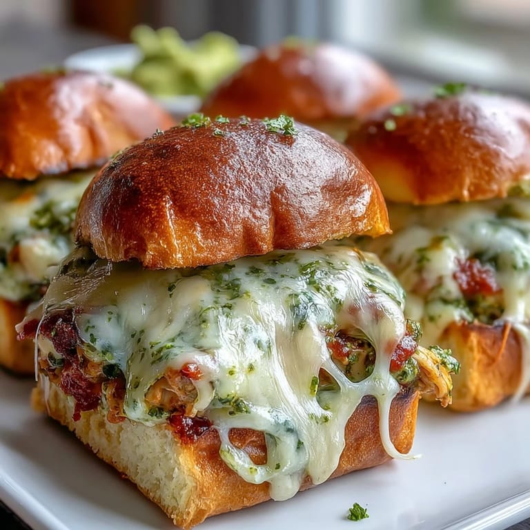 Fresh basil garnish crowns these mini Pesto Chicken Parmesan Sliders served warm with a small bowl of marinara for dipping.