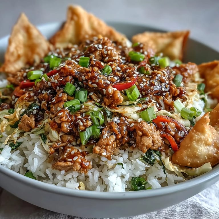 Topped with golden baked wonton strips, this Crispy Baked Egg Roll Chicken Bowl offers a deliciously crunchy texture.