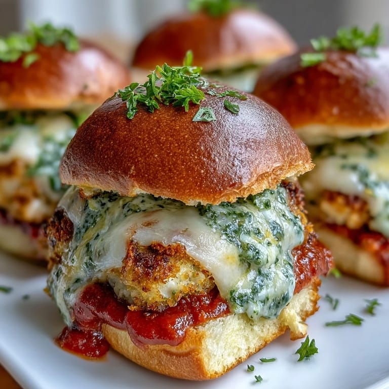 Close-up of Pesto Chicken Parmesan Sliders showing melted mozzarella and rich marinara on juicy chicken.