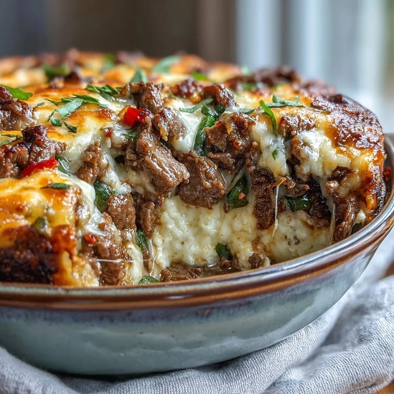 Sliced beef, peppers, and onions mingle in this hearty Keto Philly Cheesesteak Casserole with Cauliflower Rice.