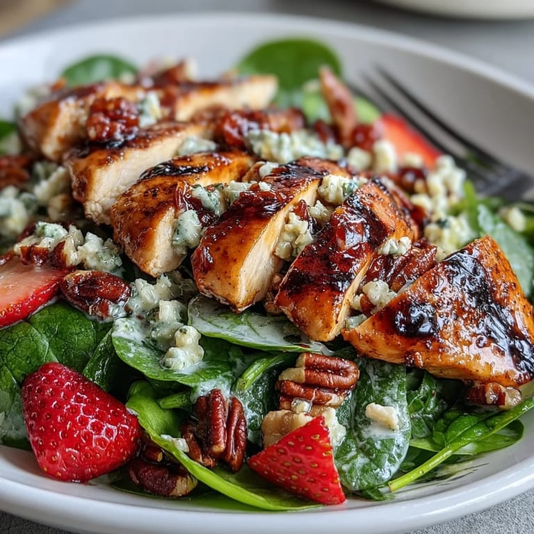 Colorful Grilled Chicken and Strawberry Spinach Salad with Poppy Seed Dressing featuring toasted pecans, feta, and a creamy, tangy honey dressing.