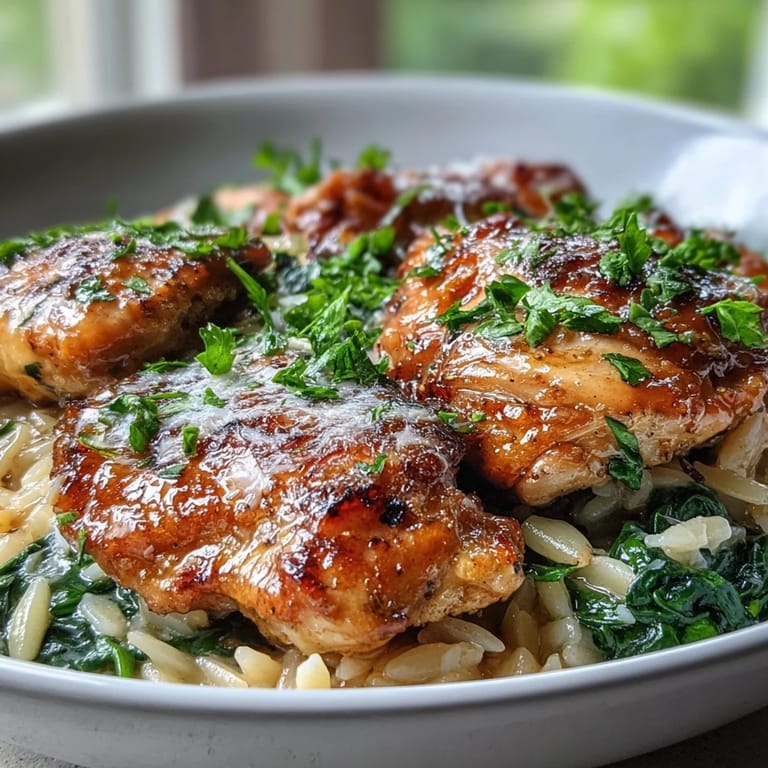 Savory One-Pot Lemon Garlic Chicken and Orzo with Spinach served hot with grated Parmesan and fresh lemon wedges.