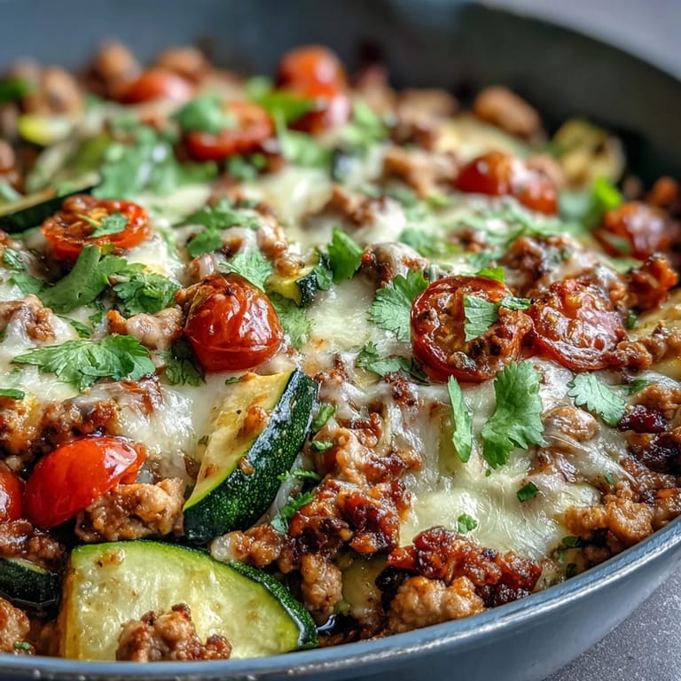 Healthy Tex-Mex Turkey Taco Zucchini Skillet featuring colorful diced zucchini, bell peppers, and spicy taco seasoning for a light dinner.  