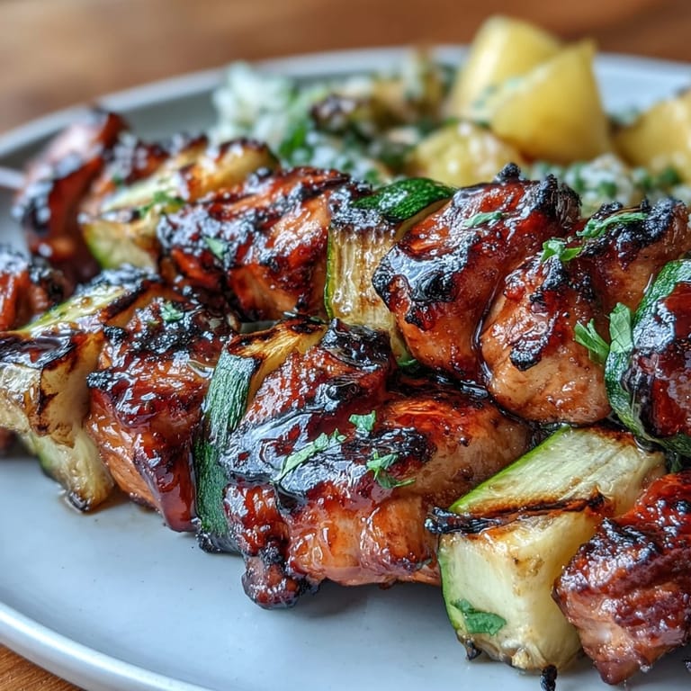 Tender chicken marinated in zesty honey-lime sauce, skewered with fresh zucchini and juicy pineapple, then grilled to perfection.