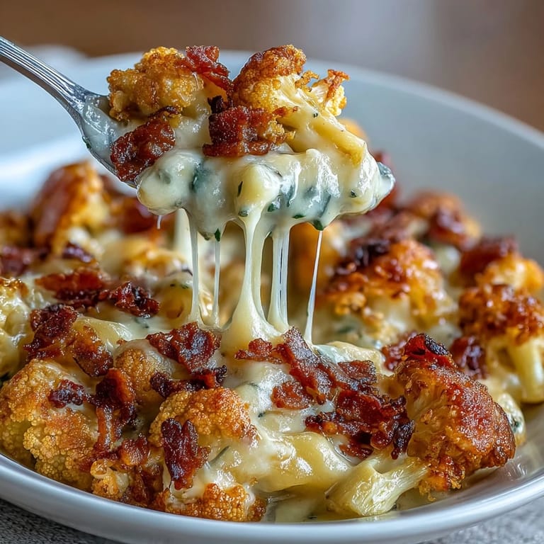 Creamy keto mac and cheese with roasted cauliflower florets and crunchy bacon topping.