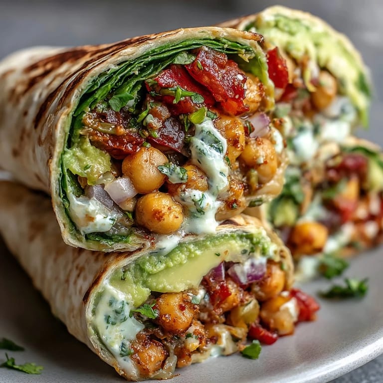 Fresh and flavorful chickpea avocado wrap with bold spices, served with optional greens and cilantro for added texture and zest.