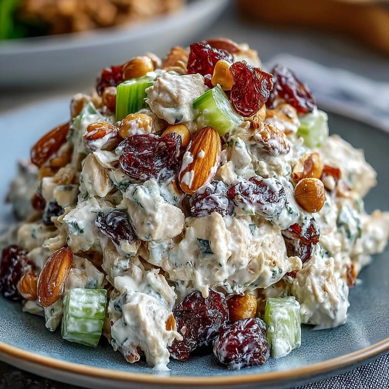 Protein-rich vegan chicken salad with almonds, dried cherries, and celery, perfect for sandwiches or light lunches.