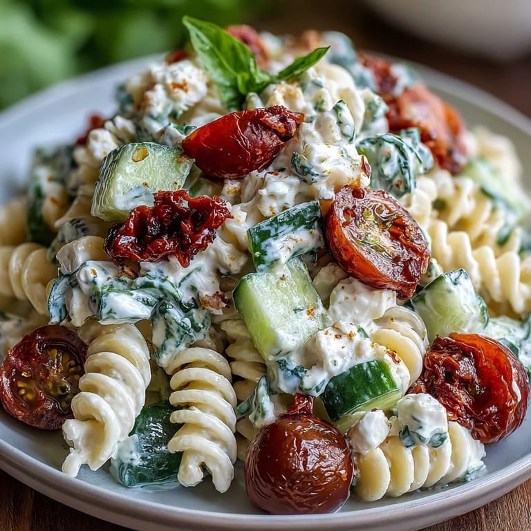 Creamy cottage cheese pasta salad with fresh cucumber, tomatoes, and spinach, perfect for healthy lunches.  