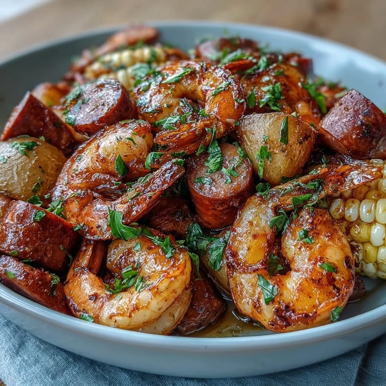 Close-up of a vibrant Cajun shrimp and sausage boil, featuring tender shrimp, andouille sausage, sweet corn, and red potatoes in a fragrant, spicy broth.