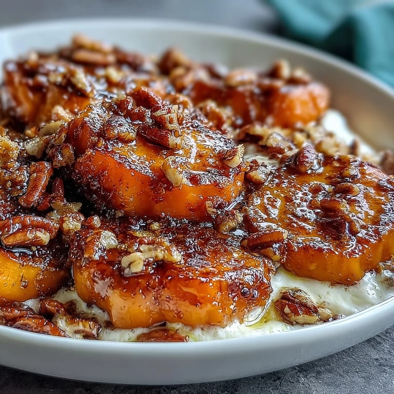 Warm and comforting candied yams with marshmallow pecan crumble, featuring rich brown sugar glaze, cinnamon, and nutmeg, crowned with golden marshmallows and a buttery pecan topping.  
