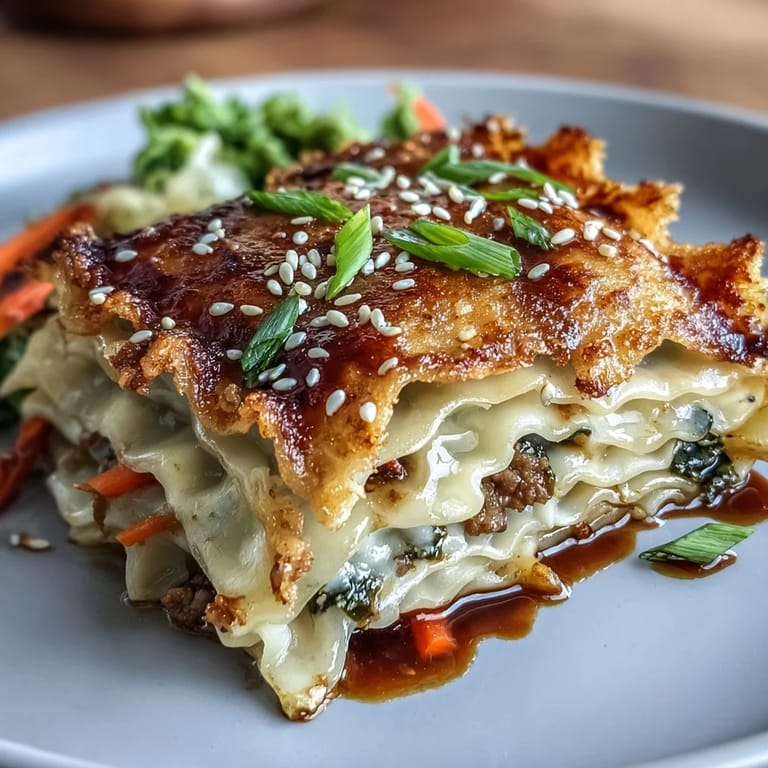 A colorful fusion dish showcasing dumpling wrappers, seasoned ground pork, crisp veggies, and melted cheese, drizzled with aromatic soy ginger sauce for bold flavor.