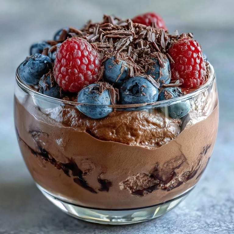 Silky chocolate mousse made with cottage cheese, topped with vibrant mixed berries for a healthy and indulgent treat.