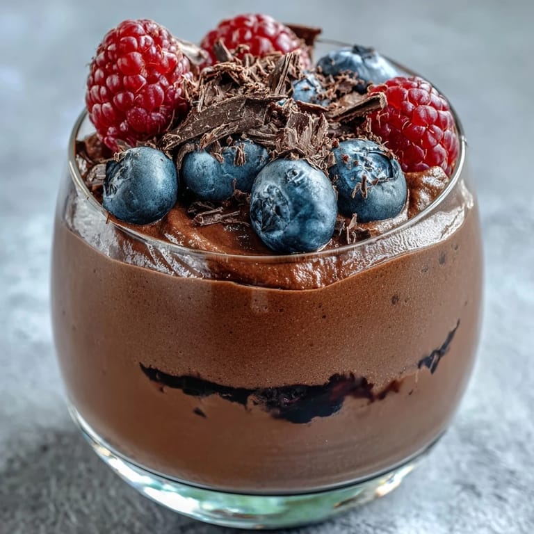 Rich cocoa and creamy cottage cheese blend into a smooth mousse, garnished with fresh berries and dark chocolate shavings.