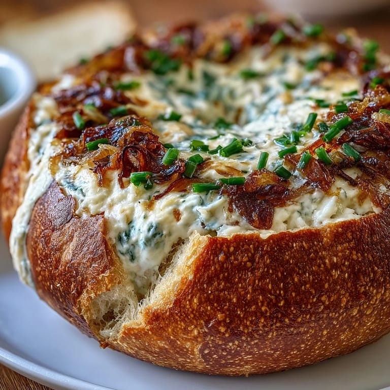 Golden caramelized onions blended into a rich sour cream and cream cheese dip, nestled inside a crusty sourdough loaf.  