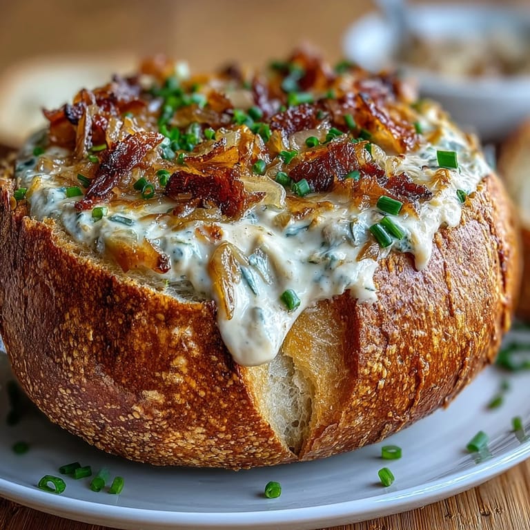 Decadent onion dip baked inside a hollowed sourdough bread bowl, garnished with fresh chives and ready for dipping.