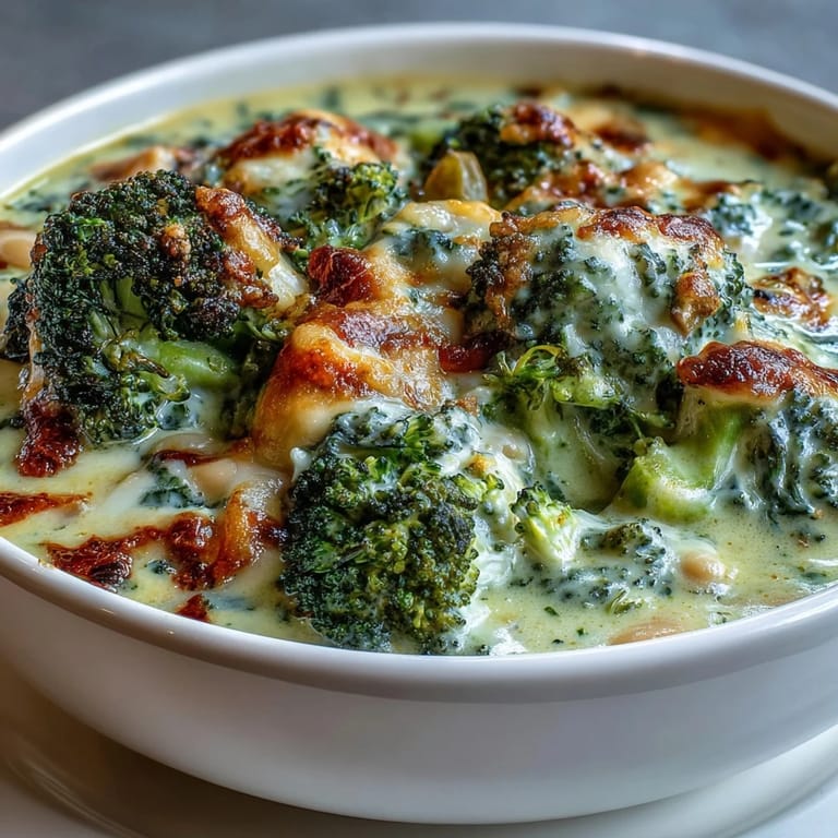 Hearty bowl of broccoli and cheddar bean soup, showcasing its rich texture and vibrant green broccoli florets in a rustic kitchen setting.