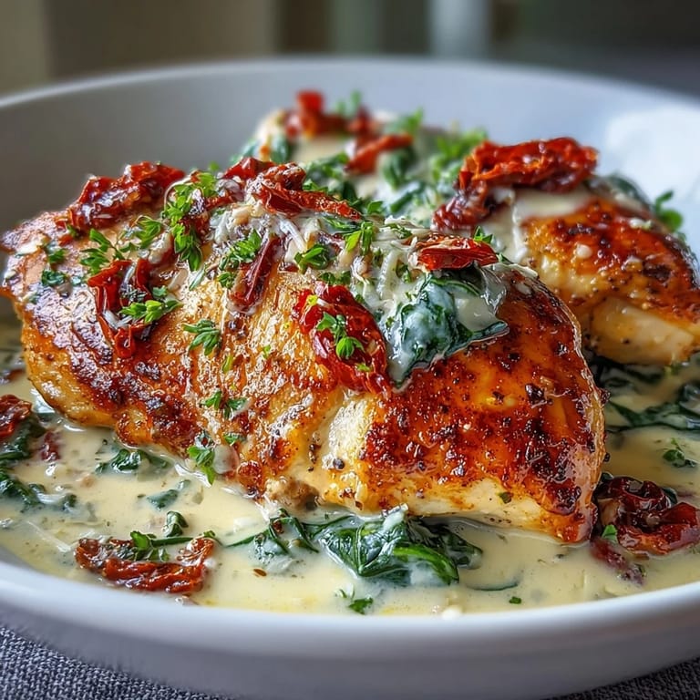 A low-carb Tuscan chicken dish featuring golden seared chicken breasts in a rich Parmesan cream sauce with sun-dried tomatoes.  