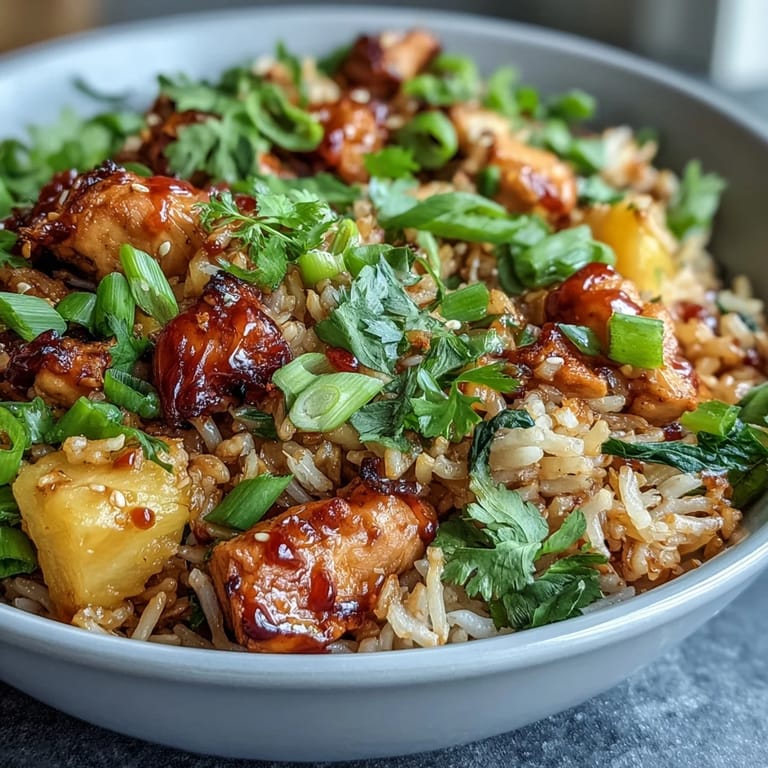 Vibrant fried rice dish featuring sweet chili chicken, pineapple chunks, and crisp vegetables served in a pineapple bowl.