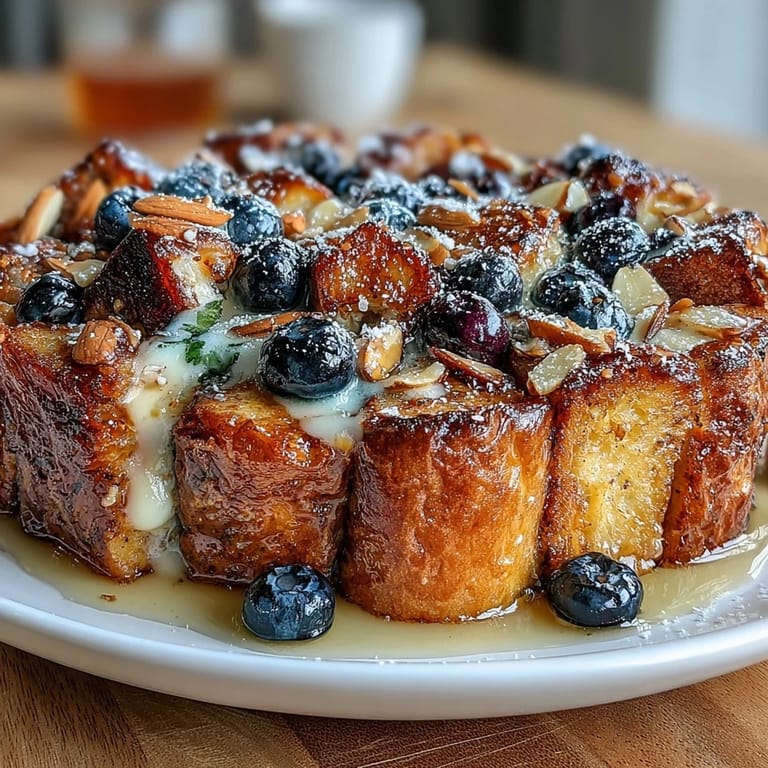 Fluffy, custard-soaked sourdough bread casserole with fresh blueberries and lemon, topped with crunchy almonds and turbinado sugar for irresistible texture.  