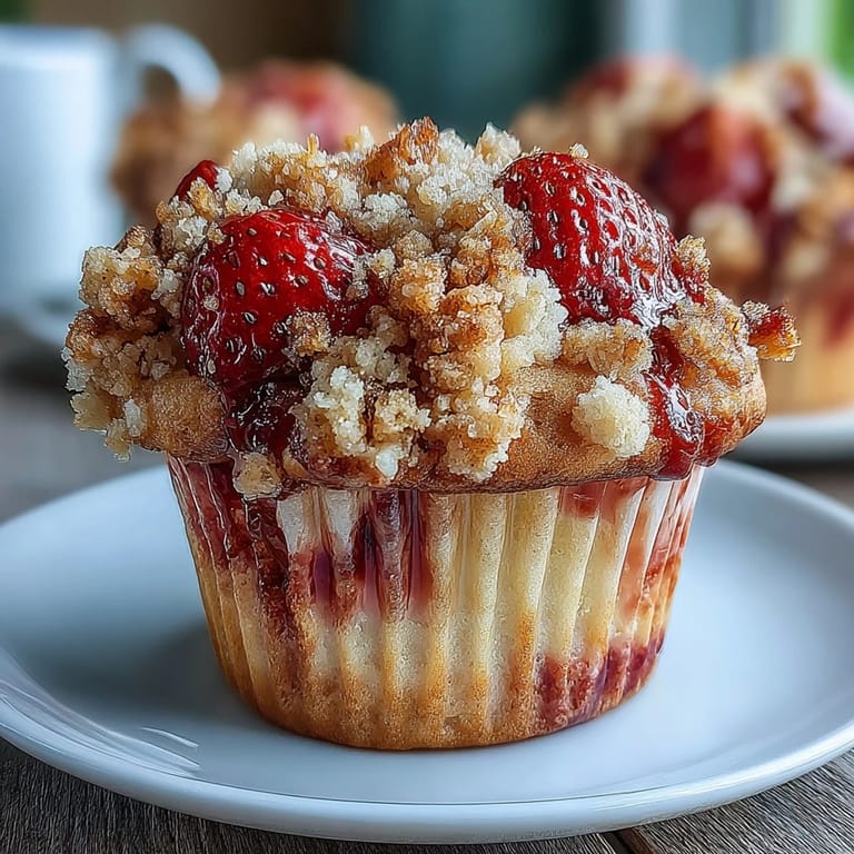 Fresh strawberry muffins baked to golden perfection, featuring a crisp crumble topping and fragrant lemon zest.