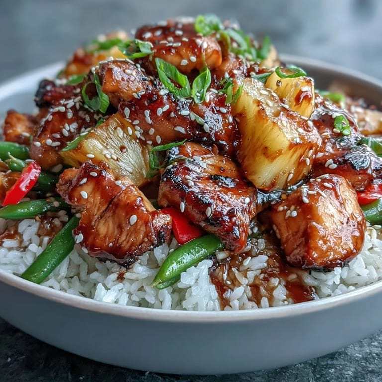 Golden chicken glazed with sweet teriyaki sauce, served over fluffy rice with juicy pineapple and vibrant bell peppers for a tropical meal.