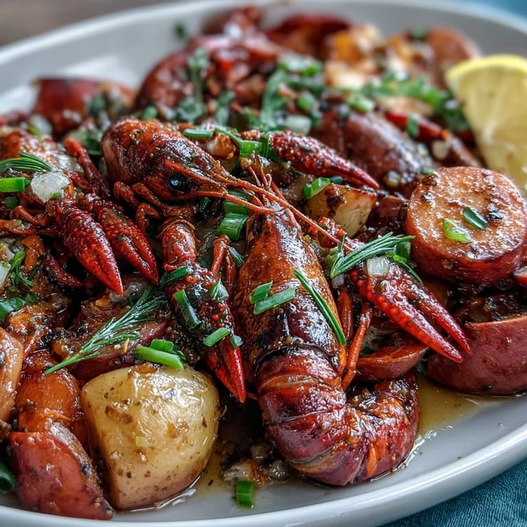 Vibrant indoor crawfish boil sheet pan dinner with andouille sausage, potatoes, and corn.