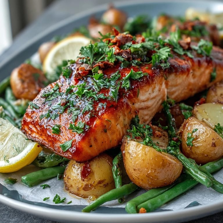 Flaky salmon fillets paired with crisp green beans and tender baby potatoes, baked together with zesty lemon and savory herbs.  