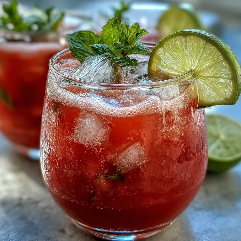 Festive Watermelon Lime Sparkling Punch in tall glasses, topped with sparkling water and garnished with mint leaves and lime wedges.