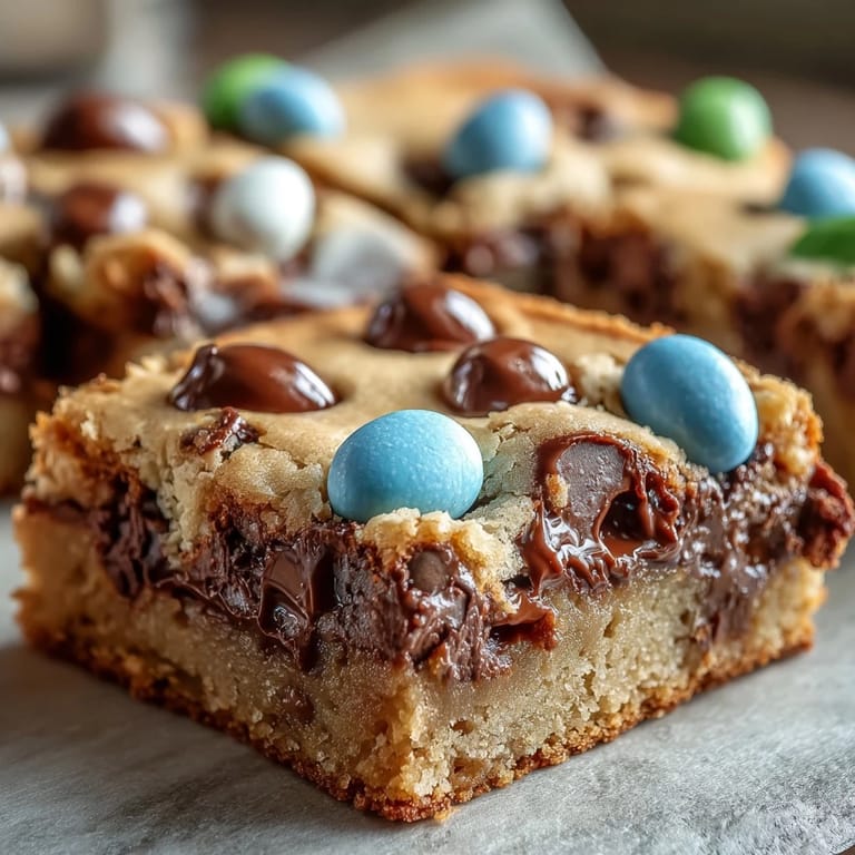 2. Soft and chewy peanut butter cookie bars loaded with Easter egg candies, ideal for festive spring gatherings.  