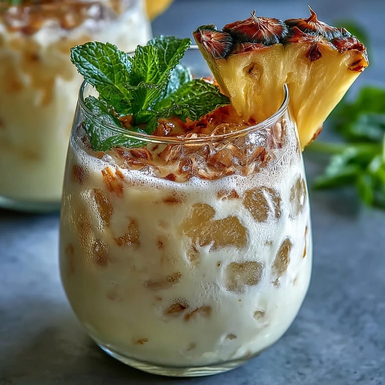 Vibrant pineapple coconut agua fresca featuring ripe pineapple chunks, creamy coconut milk, and a splash of lime—perfect chilled beverage for hot days.
