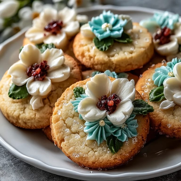 Buttery shortbread cookies in floral shapes, beautifully decorated with colorful royal icing for spring celebrations.  