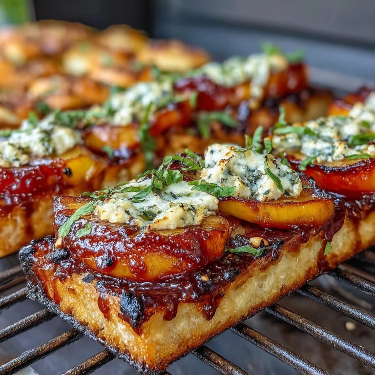 Summer BBQ flatbread featuring juicy grilled peaches, creamy Brie, and tangy BBQ sauce, perfect for outdoor entertaining.