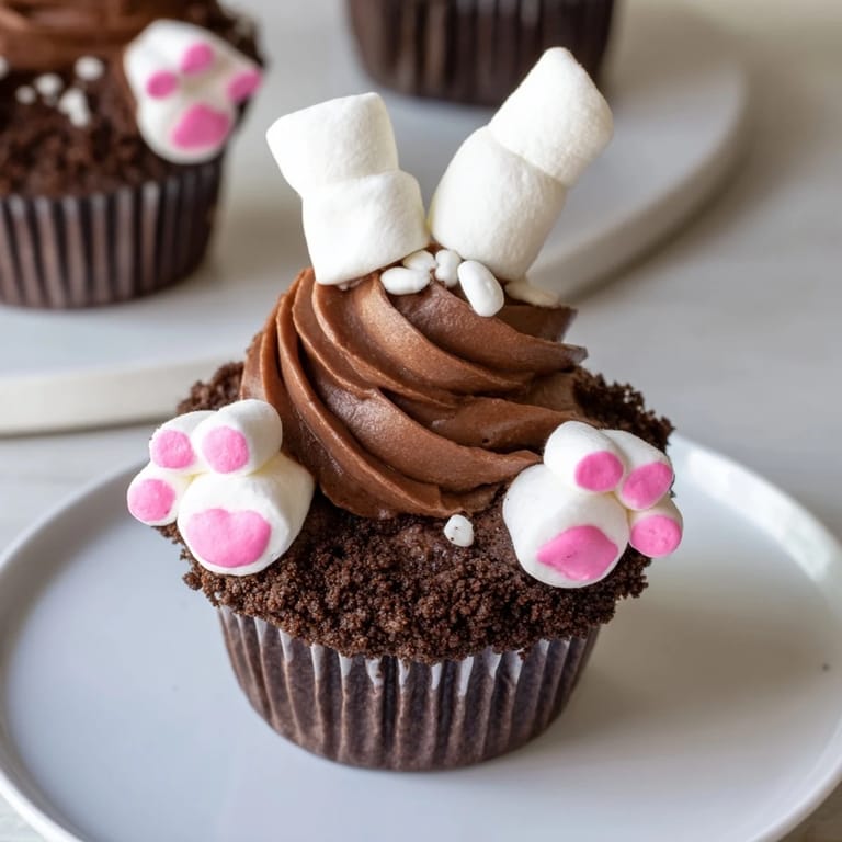 Imagine the charming Bunny Burrow Cupcake Tray! Chocolate cupcakes with bunny bottoms, ready for spring celebrations.
