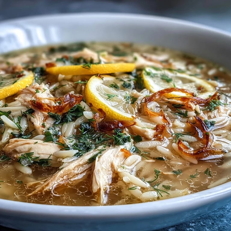 Comforting Greek Lemon Chicken Soup with aromatic vegetables, fresh herbs, and a silky egg-lemon finish.