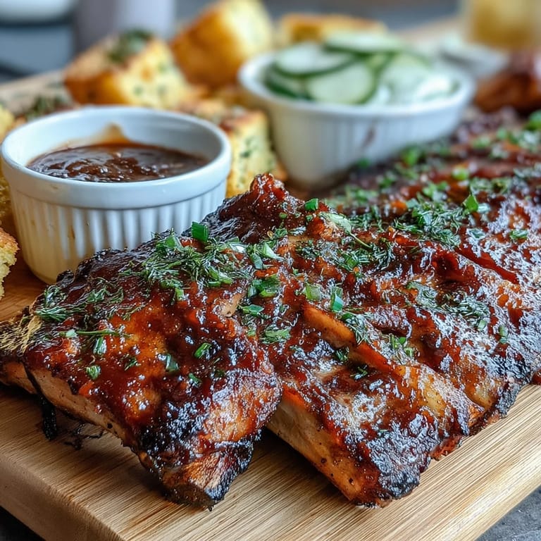 Juicy BBQ ribs on a festive board, showcasing three vibrant dipping sauces.