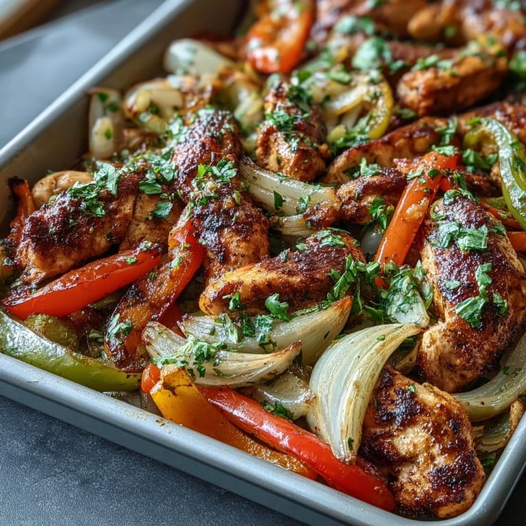 Sheet pan chicken fajitas with colorful peppers, perfectly seasoned and roasted.
