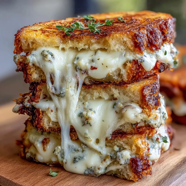 Decadent Four Cheese Truffle Grilled Cheese, perfectly grilled on buttery sourdough bread.