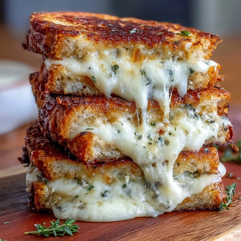 Close-up of a gooey Four Cheese Truffle Grilled Cheese halved for serving.